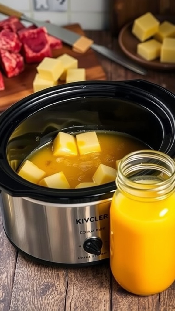 Crockpot rendering beef fat into golden tallow with glass jar of finished product.